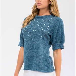 Women's Blue Pearl Embellished Top